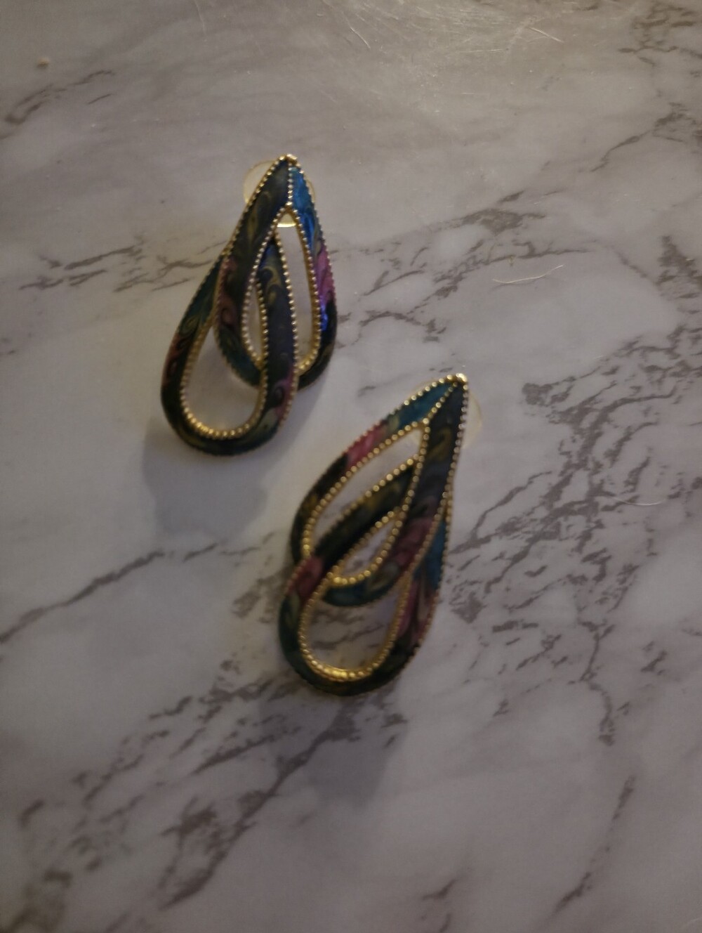 Gold-Tone Classic Old Money  Double Teardrop Multicolor Enamel Earrings